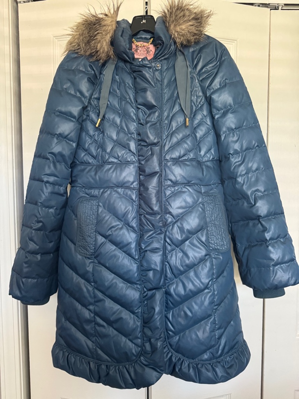 Juicy Couture Blue Down Puffer Jacket Faux Fur Hood Sz M